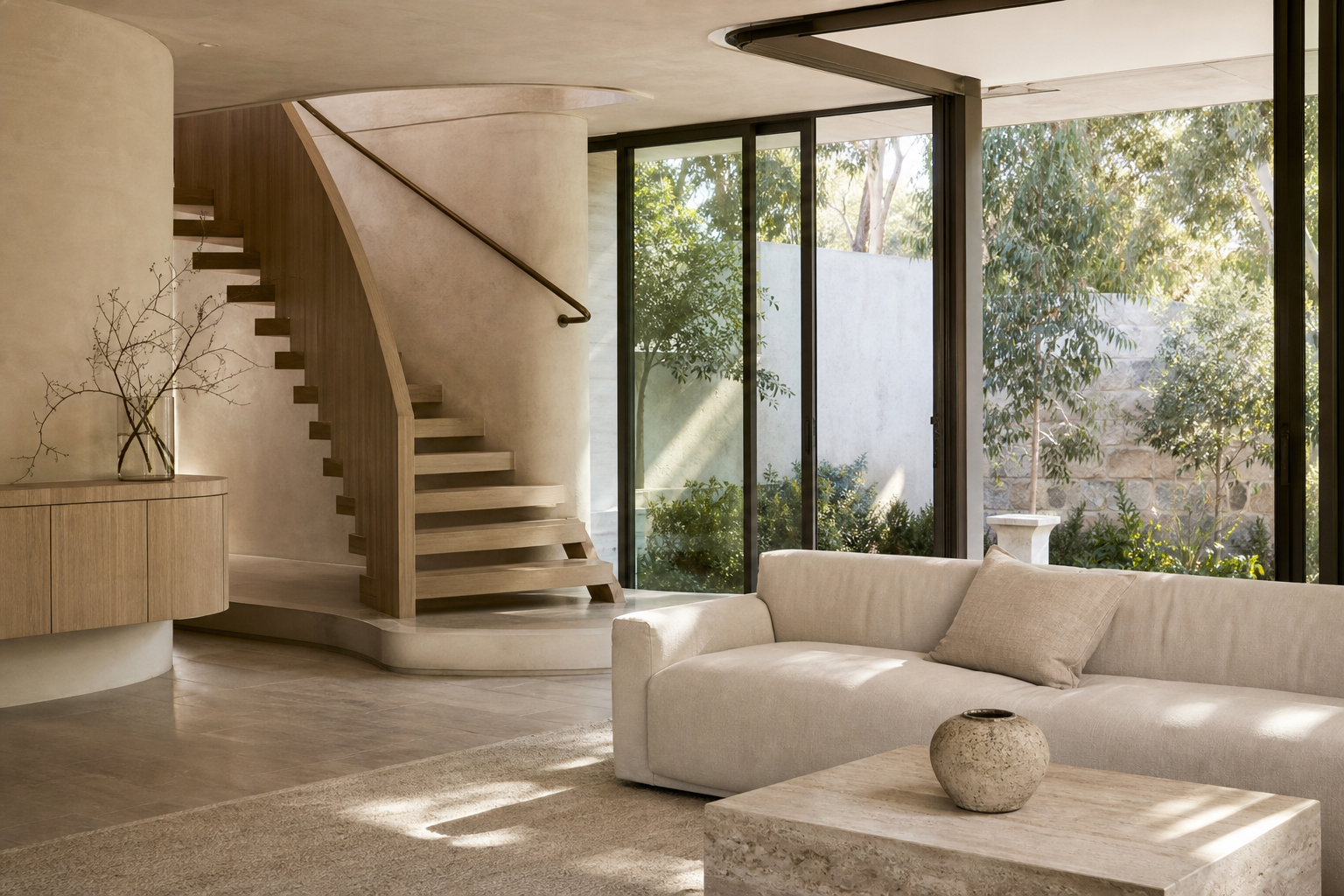 Warm neutral interior with natural stone, pale oak and soft architectural curves